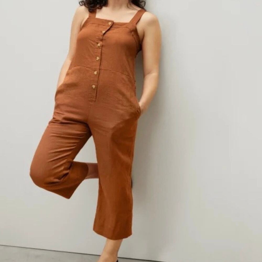 Everlane 100% Linen Belted Crop Jumpsuit Women's 16 Orange Rust